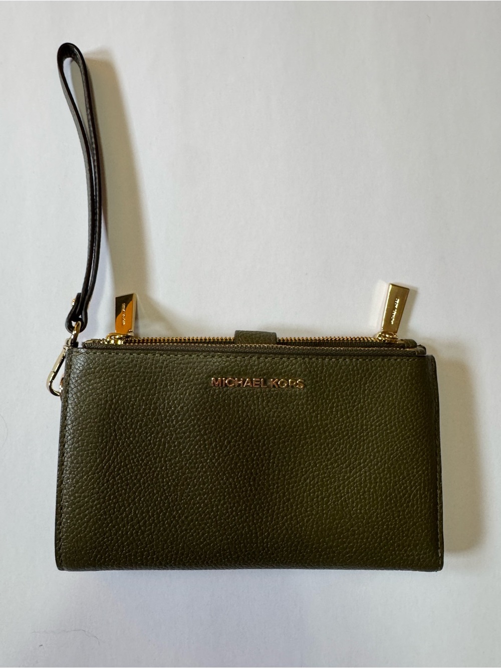 Michael Kors Olive Green Pebbled Leather Wristlet Clutch with Gold Hardware